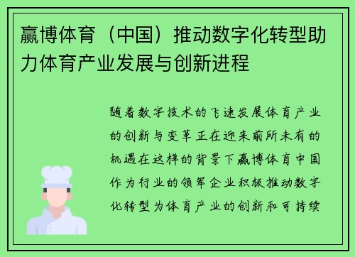 赢博体育（中国）推动数字化转型助力体育产业发展与创新进程
